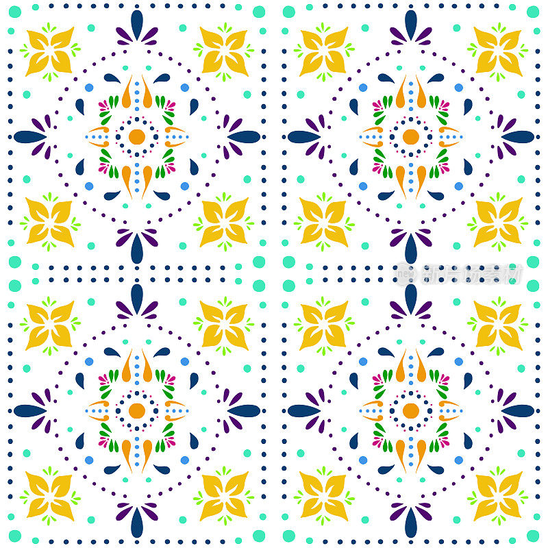 Hand Painted Multi Colored Bohemian Tile. Vector Tile Pattern, Lisbon Arabic Floral Mosaic, Mediterranean Seamless Ornament, Geometric Folklore Ornament. Tribal Ethnic Vector Texture.
